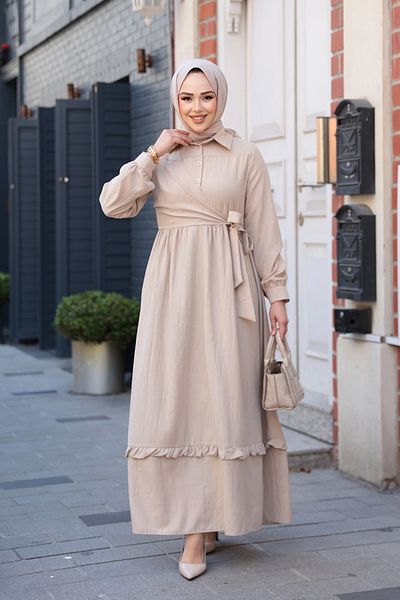 N.S NEVA STYLE Μπεζ Φόρεμα Hijab με Λεπτομέρεια Δεσίματος 6205BEJ