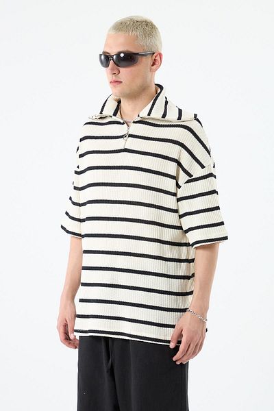 VAMOSCLO ZIPPER DETAILED STRIPED OVERSIZE KNITWEAR-ECRU