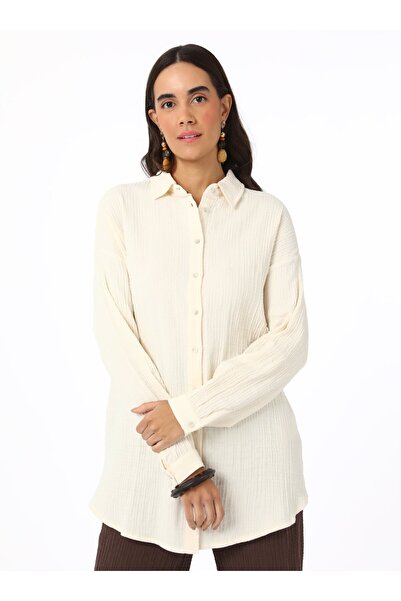 Benin Pamuklu Müslin Kumaş Düğmeli Bluz / Gömlek - Bej -