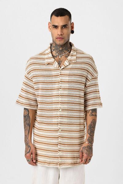 VAMOSCLO oversized Ριγέ πλεκτό μπλουζάκι Camel