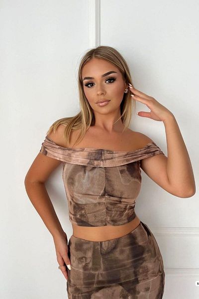 Mossta Patterned Tulle Crop Blouse and Midi Skirt Set - Brown