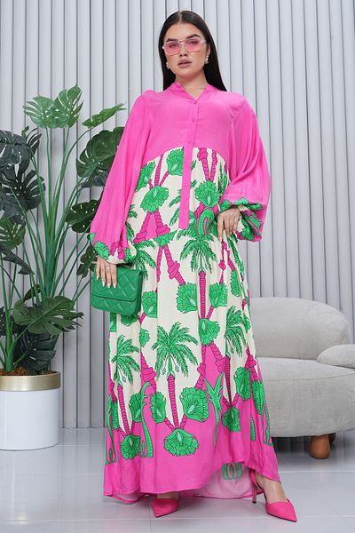 EL jadida Women's Patterned Plus Size Hijab Viscose Dress Fuchsia