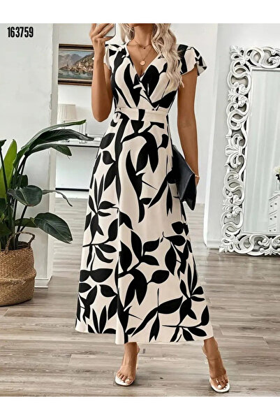 Modayakamoz Kadın Desenli Süprem Elbise - Kelebek Kollu Kruvaze Yaka Yazlık Model