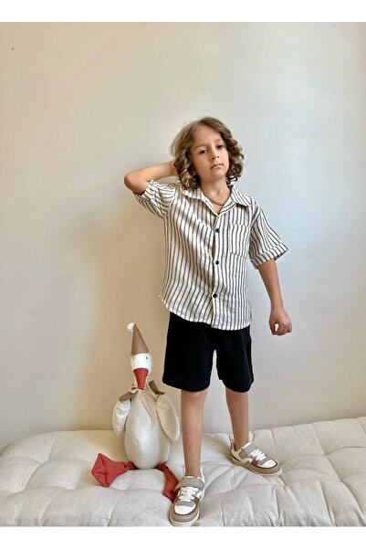 lesa kids wear بدلة قميص كتان مخططة مع شورت