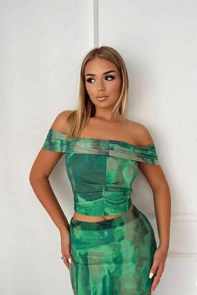 Mossta Patterned Tulle Crop Blouse and Midi Skirt Set - Green