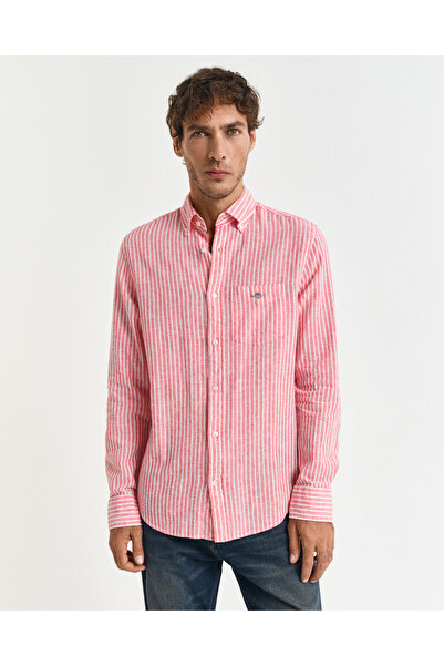 Gant Erkek Kırmızı Regular Fit Düğmeli Yaka Çizgili Keten Gömlek