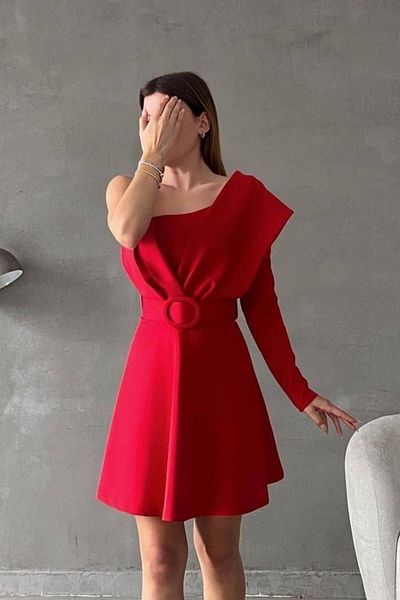 Mossta One Sleeve Belt Detailed Scuba Evening Dress - Red