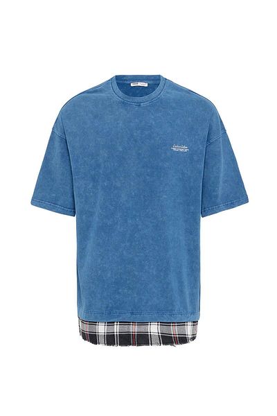 VAMOSCLO Washable Oversize Plaid Detailed T-Shirt Indigo
