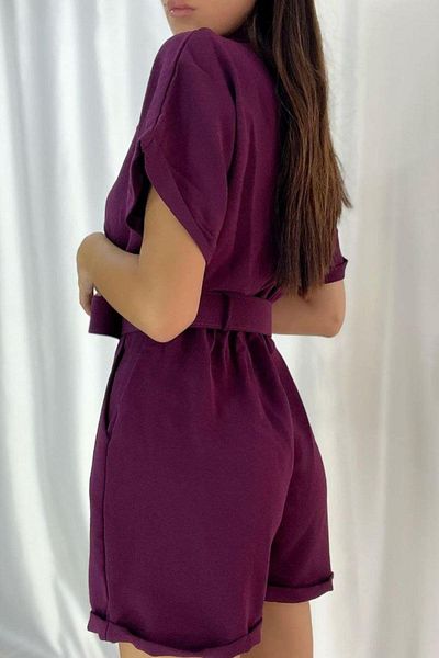 Mossta Double Breasted Collar Belted Mini Jumpsuit - Purple