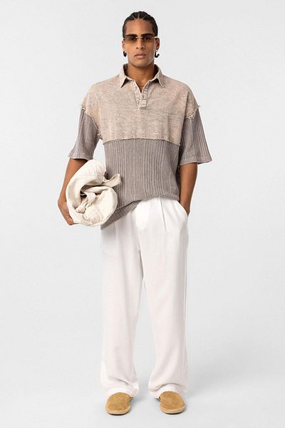 VAMOSCLO Washable Oversize Polo Neck T-Shirt Stone