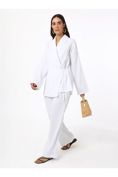 Benin Cotton Muslin Kimono with Tie Detail - White - Benin