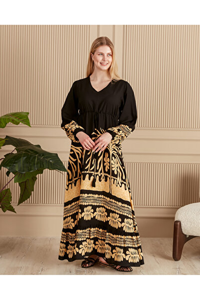 EL jadida Kadın Desenli Büyük Beden Tesettür Viskon Elbise Siyah