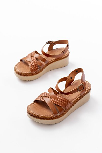 infon shoes creation 730-138 Tan Knitted Genuine Leather Orthopedic Sole Women's Sandals