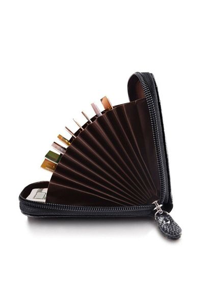 Kemer Dünyası Unisex 11 Compartment Black Zippered Leather Credit Card Holder