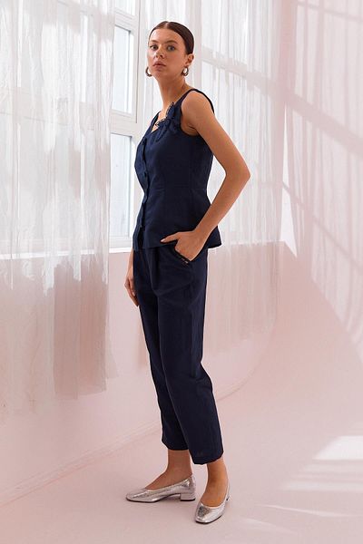 Naar Women's High Waist Narrow Leg Pocket Detail Ankle Length Navy Blue Trousers Naar12227-Dark Blue