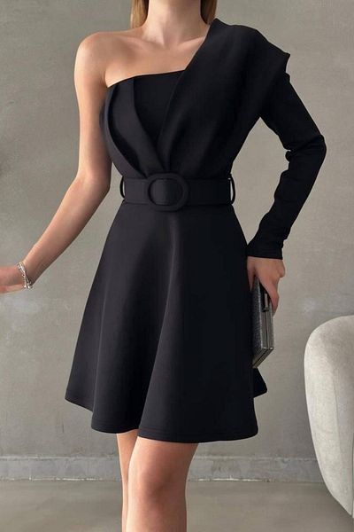 Mossta One Sleeve Belt Detailed Scuba Evening Dress - Black