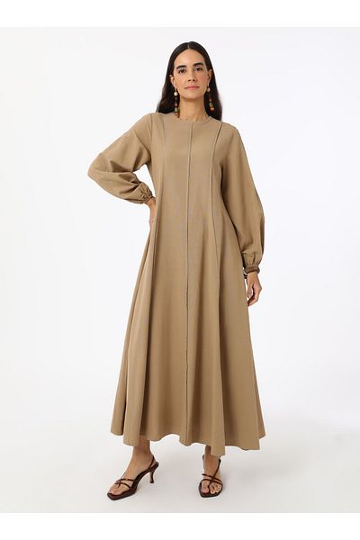 Benin Λινό Μικτό Ραφές Λεπτομερές Φόρεμα Hijab - Camel - Benin
