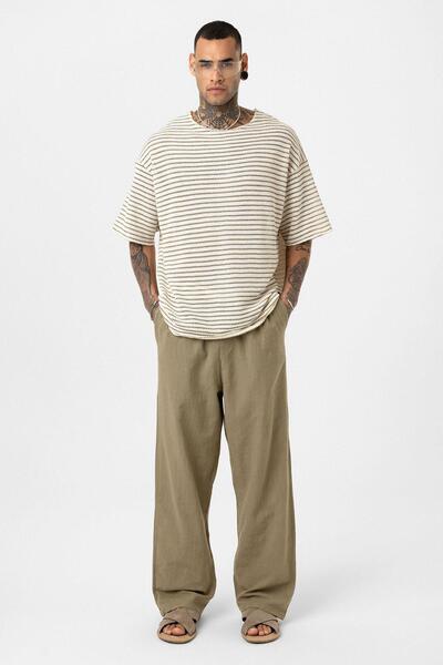 VAMOSCLO Ριγέ Oversize Πλεκτό T-Shirt Χακί