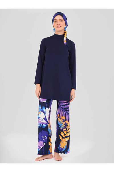 ALFASA Μαγιό με μοτίβο χρυσάνθεμο Battal Hijab - Navy Blue - Alfasa