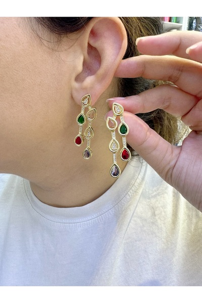 Gümüş sandık Colored Stone Dangle Brand Model Steel Earrings