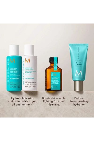 Moroccanoil Hydration Essentials Set: Shampoo 70ml, Conditioner 70ml, Hand Cream 40ml, Oil 25ml