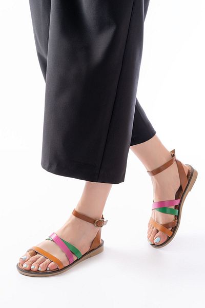 Moda Asmira 205-209 Orange Multi Genuine Leather Buckle Flip Flops Women's Sandals