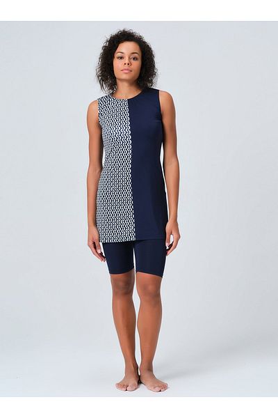 ALFASA One Side Patterned Zero Sleeve Semi Closed Swimsuit - Navy Blue - Alfasa