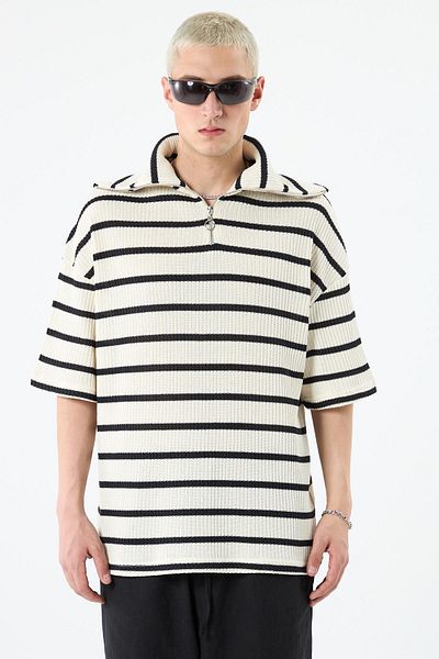 VAMOSCLO ZIPPER DETAILED STRIPED OVERSIZE KNITWEAR-ECRU