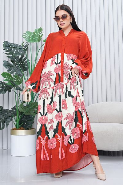 EL jadida Women's Patterned Plus Size Hijab Viscose Dress Cream