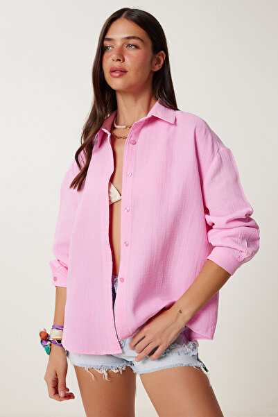 Lovelyİstanbul Oversize Μουσελίνα Πουκάμισο ΡΟΖ LRG0027
