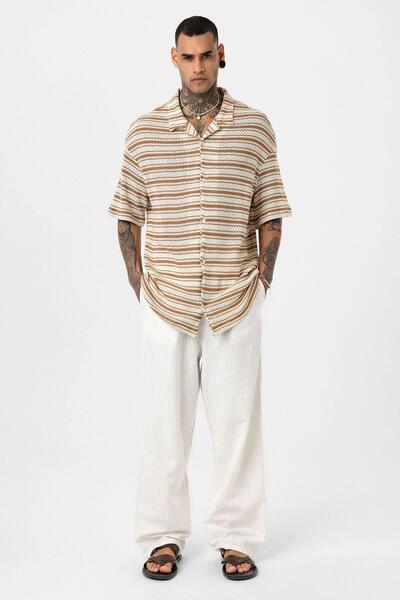 VAMOSCLO oversized Ριγέ πλεκτό μπλουζάκι Camel