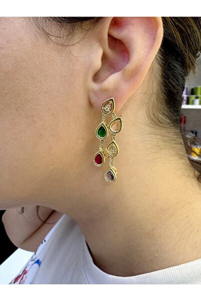 Gümüş sandık Colored Stone Dangle Brand Model Steel Earrings