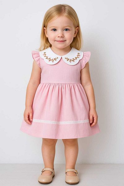 VİYOLİNA Collar Embroidered Linen Luxury Dress