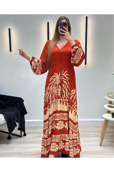 EL jadida Women's Patterned Plus Size Hijab Viscose Dress Red
