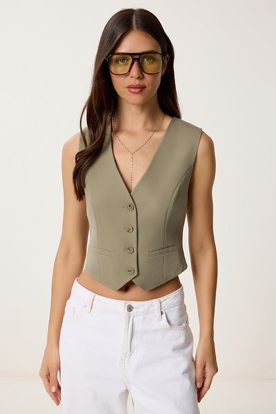 Lovelyİstanbul V-Neck Buttoned Woven Vest Khaki Lvw0003