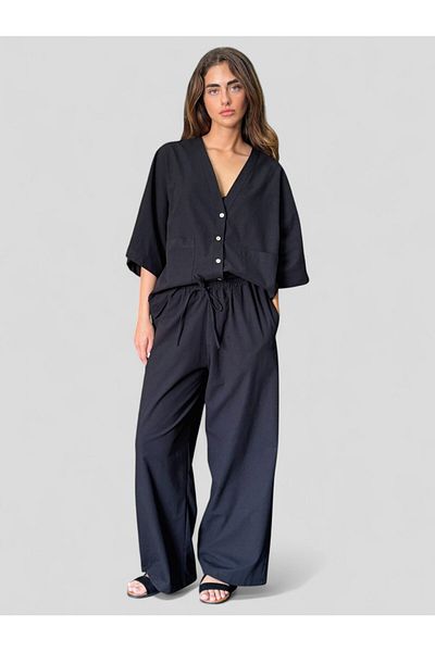 Retrobird Design Linen Trousers Women Black