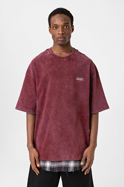 VAMOSCLO Πλενόμενο μπλουζάκι με oversized καρό λεπτομέρειες μπορντό