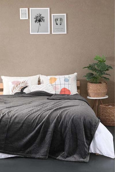 YÜNTEKS Aksu İpeksoft Ribbed Double Blanket, Anthracite