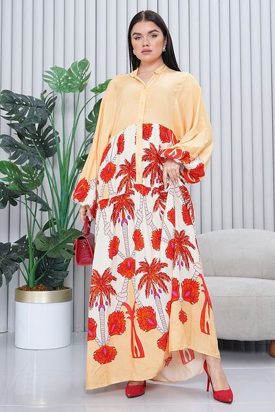 EL jadida Women's Patterned Plus Size Hijab Viscose Dress Yellow