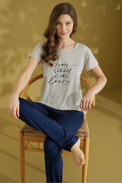 bie's Women's Patterned Crew Neck Buttonless Cotton Summer Short Sleeve Pajama Set