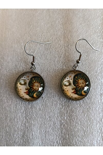 Butik Tülin أقراط متدلية على شكل قمر وشمس من المعدن الفضي الأصلي مقاس 4 × 2 س...