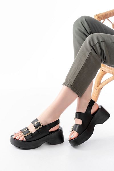 infon shoes creation 24414-572 Black Buckle Daily Wedge Heel Women's Sandals