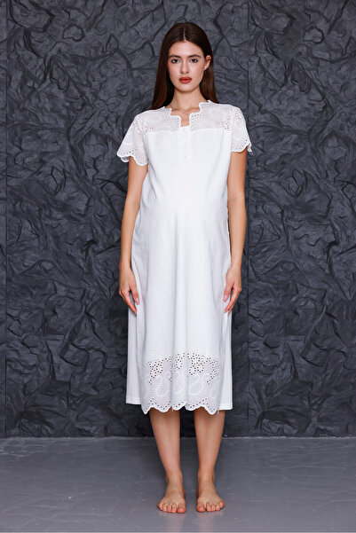 Yulem Homewear Ecru Fisto Linen Summer Maternity Nightgown-Dressing Gown, Pajama Set Set of 4