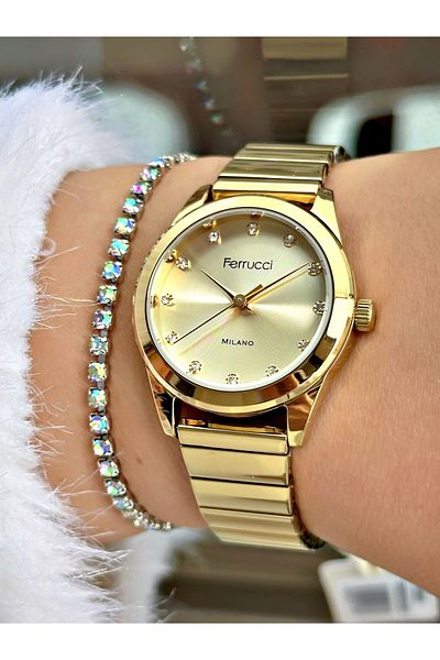 Ferrucci ساعة يد نسائية معدنية ذهبية من فيروتشي بأرقام