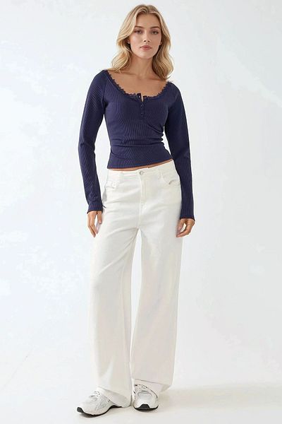Hiccup Long Sleeve Slim Fit Top with Lace Stripe Detail