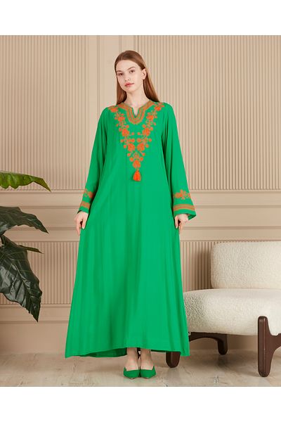 EL jadida Women's Embroidered Plus Size Viscose Long Dress Green