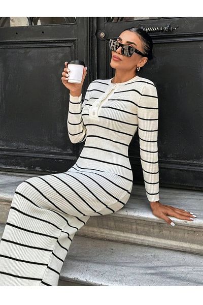 K-ODEA BUTİK Women's Striped and Ribbed Dress
