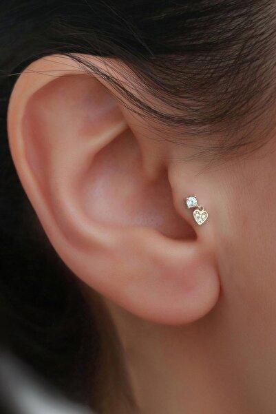 Bayar Gold 14 Ayar Altın Taşlı Kalp Sallantılı Tragus Piercing