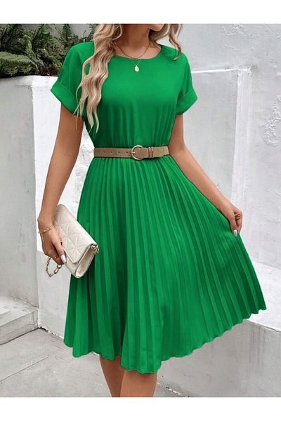 Viyamo Rochie de damă, cu mâneci scurte, cu guler deschis, talie elastică, plisată, scurtă, din crepon importat (Fără curea)