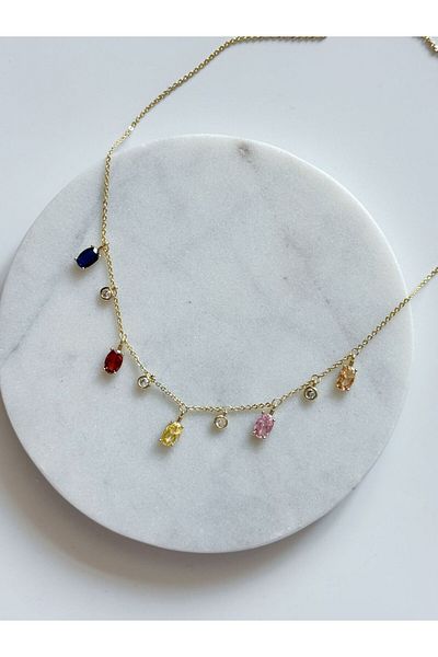 CHARMLUCKY Steel Color Stone Charm Necklace